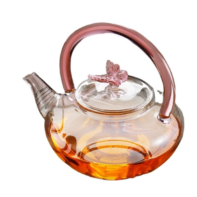 Handmade Gemstone Butterfly Glass Teapot - Borosilicate Glass Teapot with Double-Colour Glazed Handle