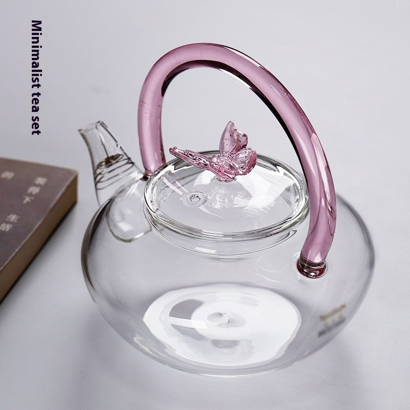 Handmade Gemstone Butterfly Glass Teapot - Borosilicate Glass Teapot with Double-Colour Glazed Handle