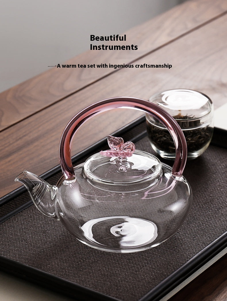 Handmade Gemstone Butterfly Glass Teapot - Borosilicate Glass Teapot with Double-Colour Glazed Handle