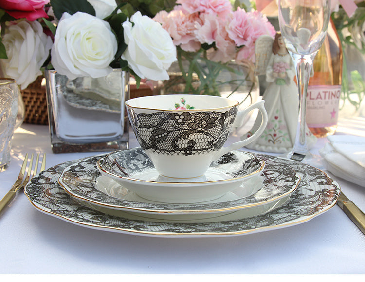 Delicate English Luxury Lace & Rose Bone China Tea Set – Elegance in Every Sip