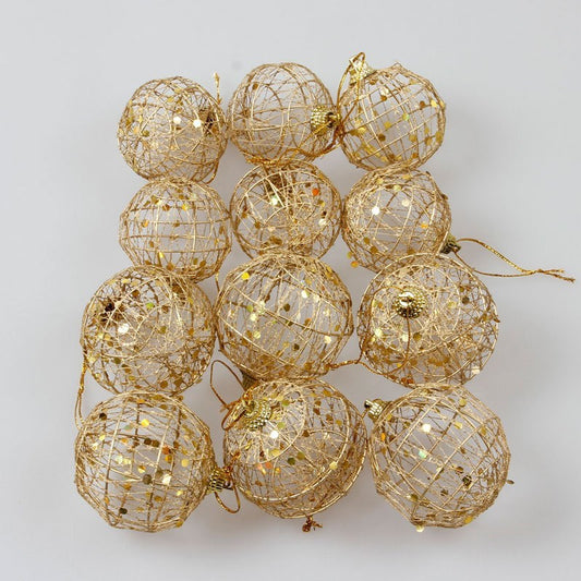 Delicate Gold Wire Dusted with Glitter Flakes Christmas Ball Ornament Set