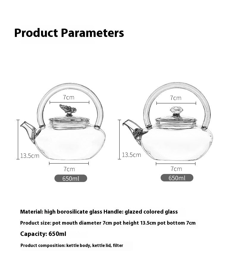 Handmade Gemstone Butterfly Glass Teapot - Borosilicate Glass Teapot with Double-Colour Glazed Handle