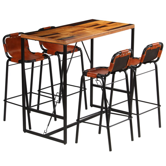 Vintage Bar Set 5 Pieces Solid Reclaimed Wood and Genuine Goat Leather - Limited Edition