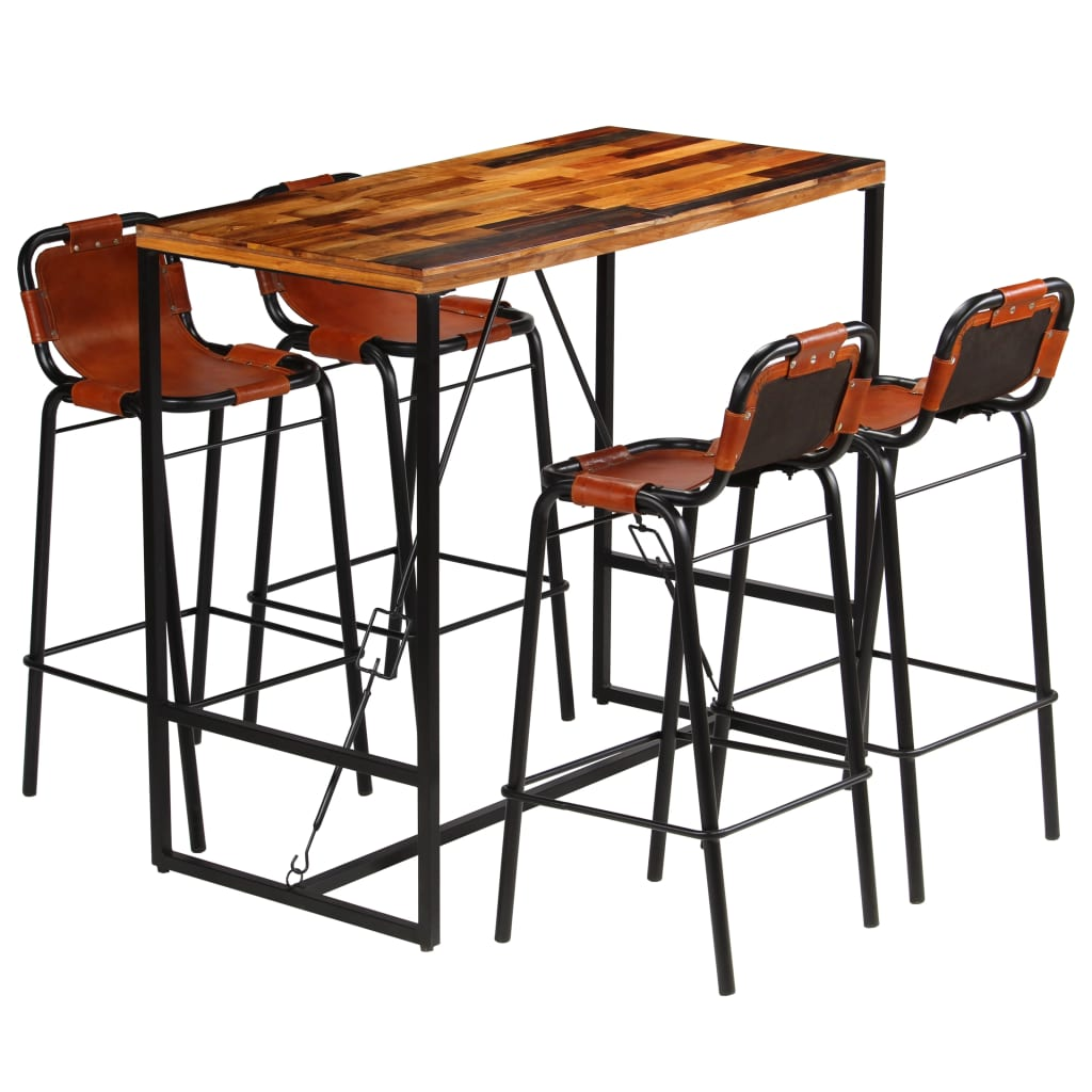 Vintage Bar Set 5 Pieces Solid Reclaimed Wood and Genuine Goat Leather - Limited Edition