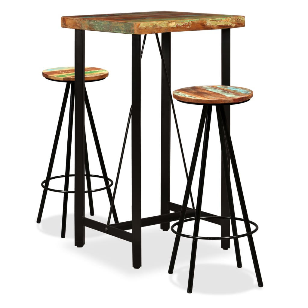 Artisan Bar Set 3 Pieces in Solid Reclaimed Wood. Table Bar and Two Stools