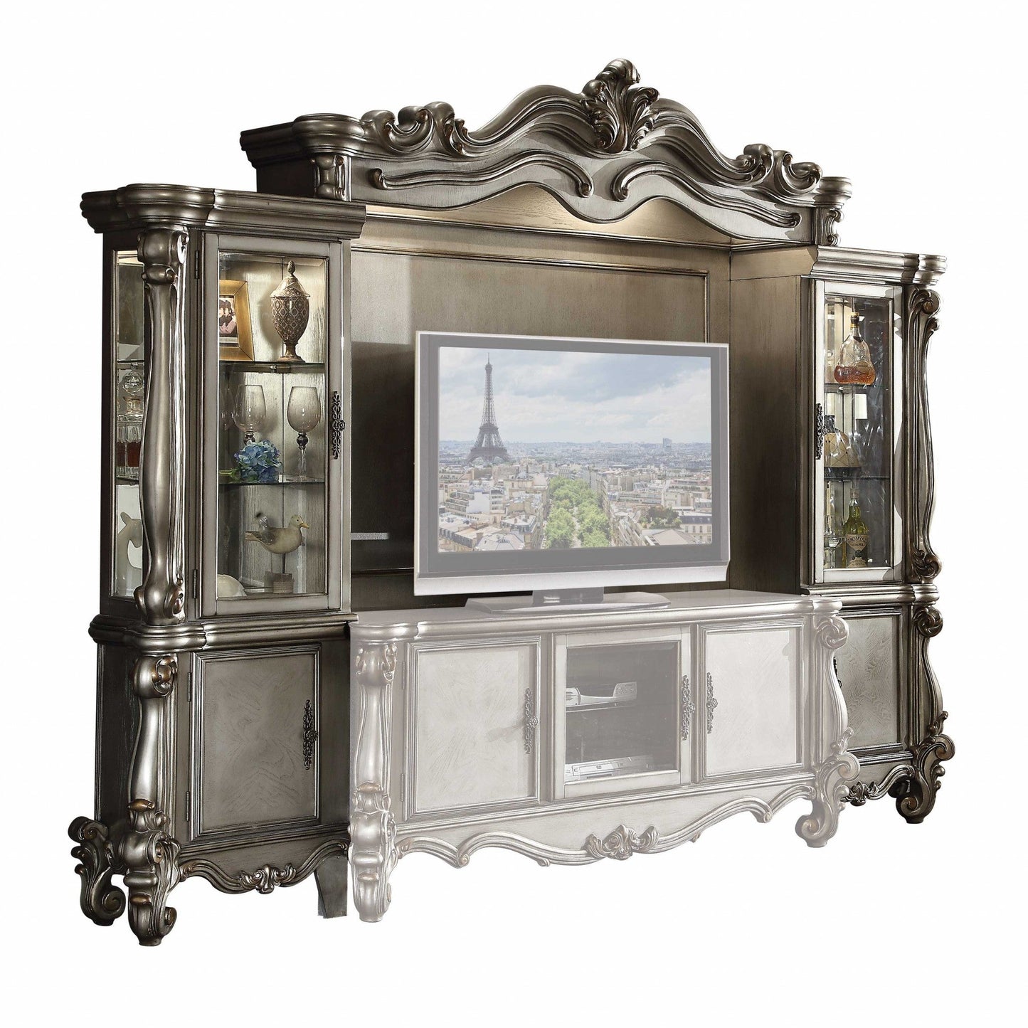 Exquisite Antique Entertainment Centre in Platinum Wood Poly Resin and Glass