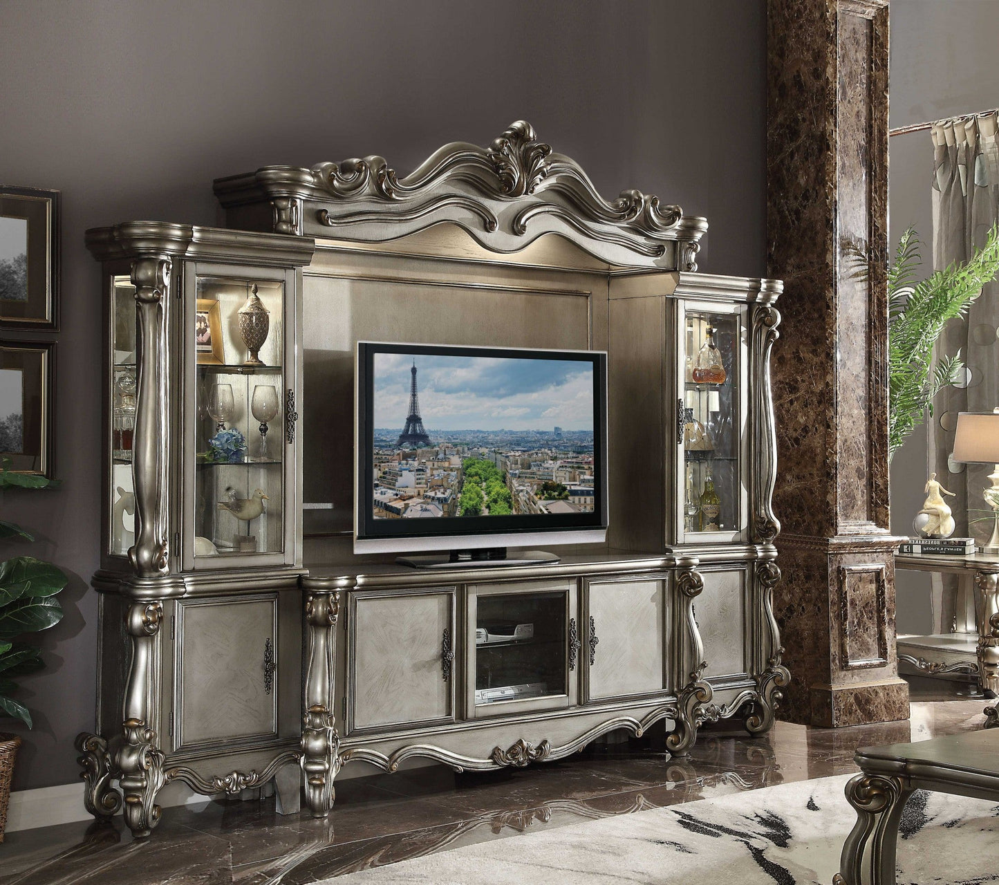 Exquisite Antique Entertainment Centre in Platinum Wood Poly Resin and Glass