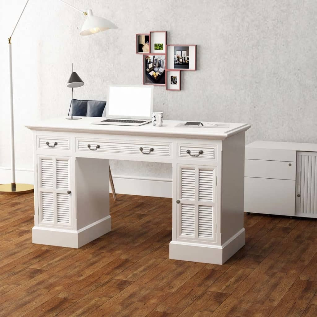 Classical Detailed Double Pedestal Desk White Pinewood & MDF 140x48x80 cm