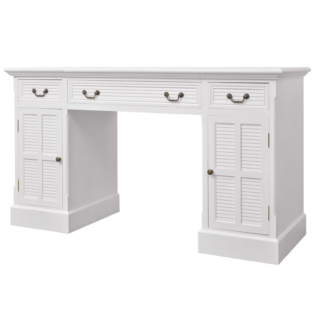 Classical Detailed Double Pedestal Desk White Pinewood & MDF 140x48x80 cm