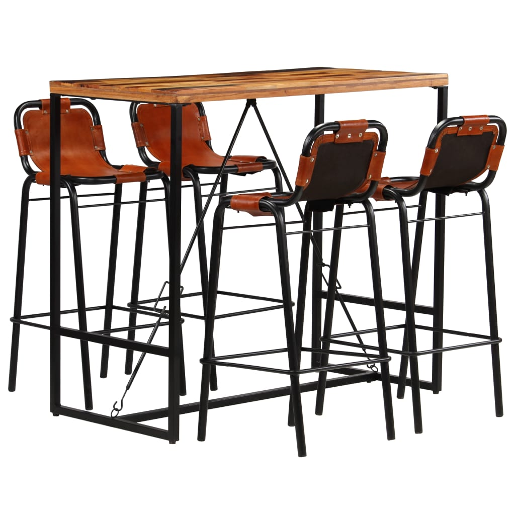 Vintage Bar Set 5 Pieces Solid Reclaimed Wood and Genuine Goat Leather - Limited Edition