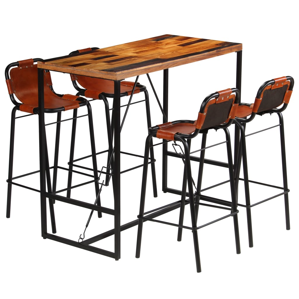 Vintage Bar Set 5 Pieces Solid Reclaimed Wood and Genuine Goat Leather - Limited Edition