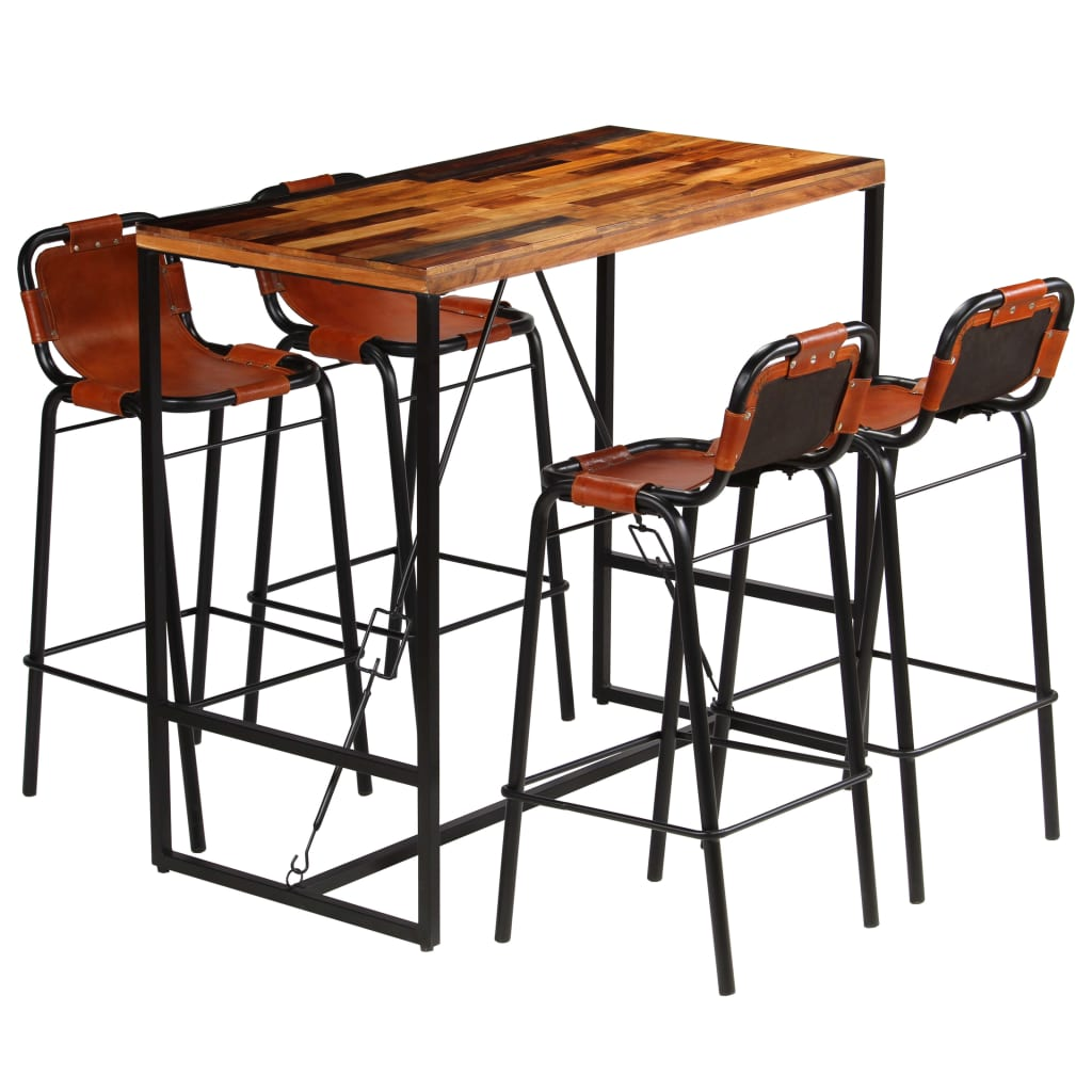 Vintage Bar Set 5 Pieces Solid Reclaimed Wood and Genuine Goat Leather - Limited Edition