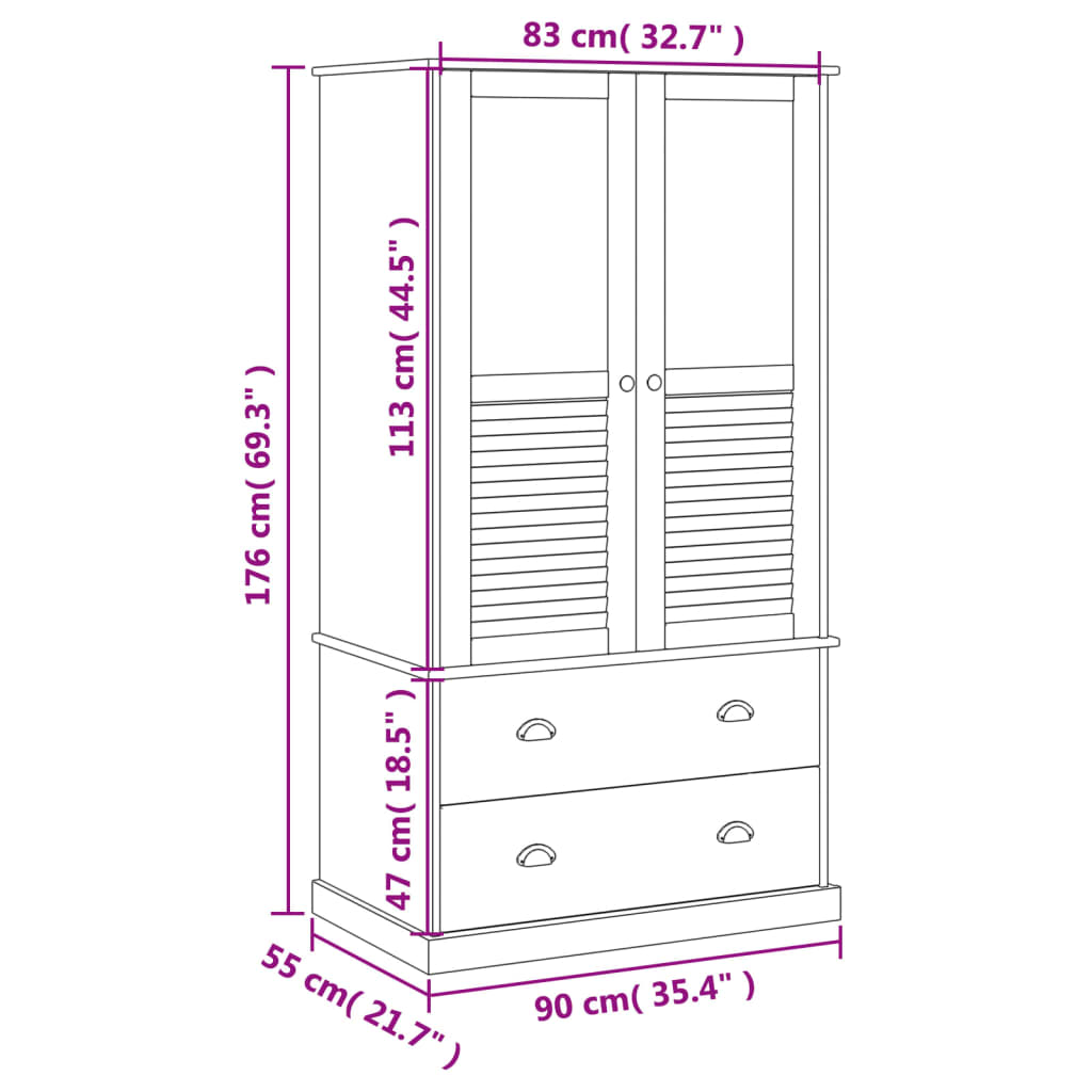 Artisan Wardrobe VIGO White 90x55x176 cm Solid Wood Pine