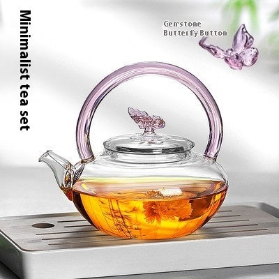 Handmade Gemstone Butterfly Glass Teapot - Borosilicate Glass Teapot with Double-Colour Glazed Handle