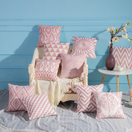 Stunning Array of Geometric Cotton Embroidered Pillowcase in Dusky Pink