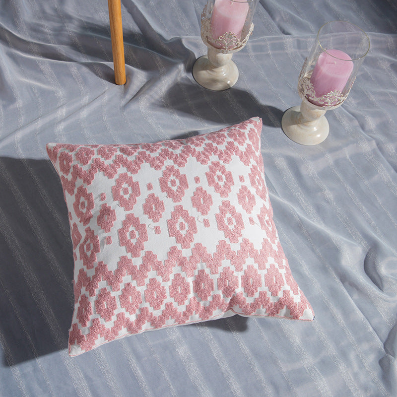 Stunning Array of Geometric Cotton Embroidered Pillowcase in Dusky Pink