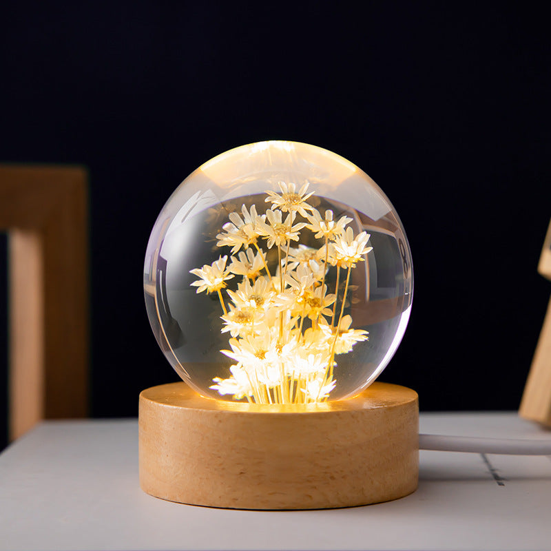 Leuchtende 3D-Pusteblumen-Kristallkugel aus Buchenholz, Standfuß, konservierte Blumenkugel, Ball, Desktop-Ornamente, Geburtstags- und Weihnachtsgeschenke