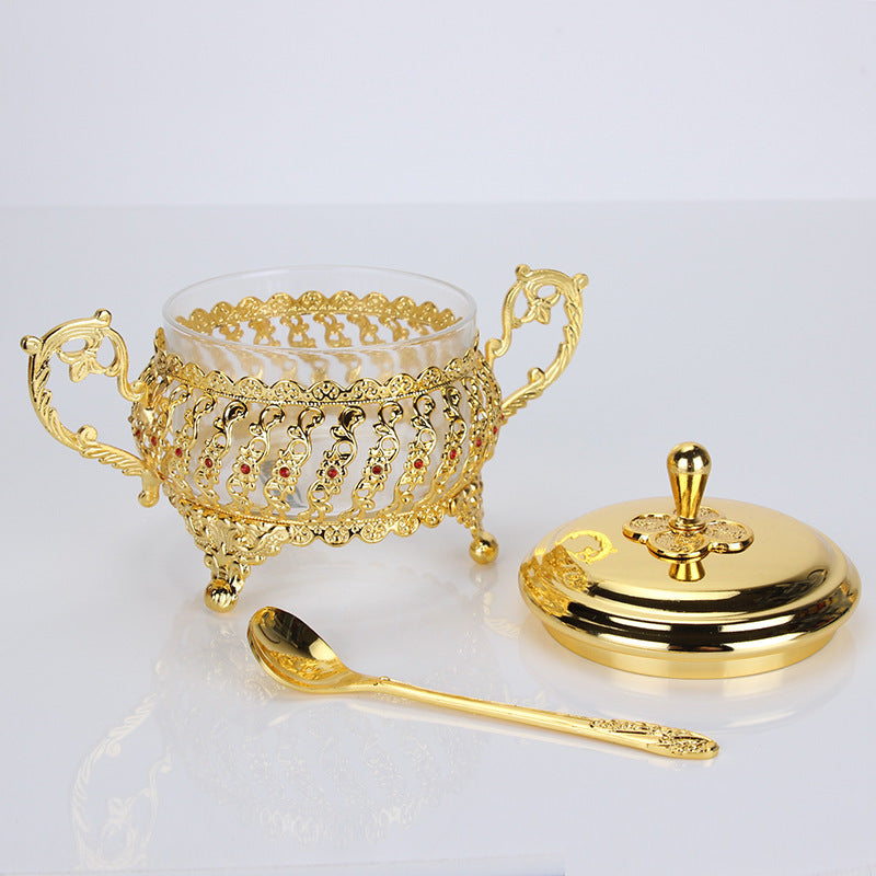 Regal and Decadent Glass and Gold Alloy Sugar, Seasoning, and Condiment Container