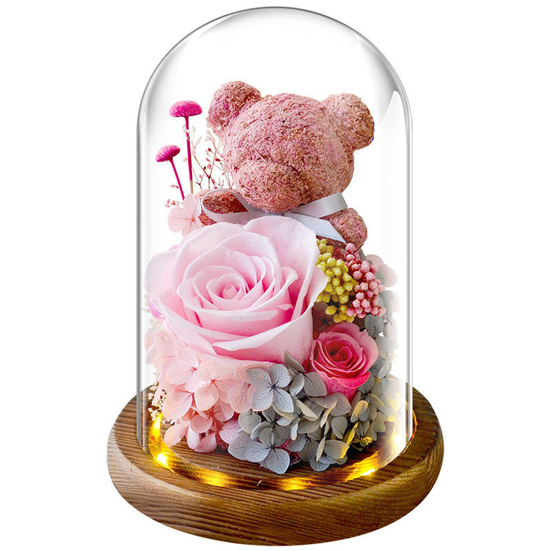 Wunderschöne handgefertigte leuchtende Eternity-Rose mit Bär – eine zeitlose Hommage in zartem Glas