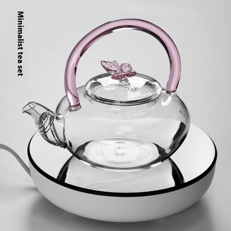 Handmade Gemstone Butterfly Glass Teapot - Borosilicate Glass Teapot with Double-Colour Glazed Handle