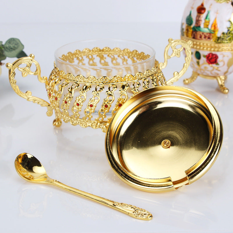 Regal and Decadent Glass and Gold Alloy Sugar, Seasoning, and Condiment Container