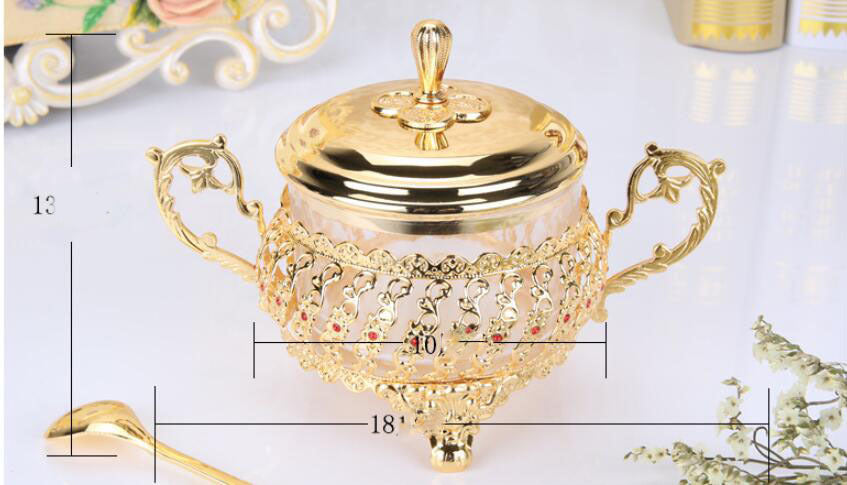 Regal and Decadent Glass and Gold Alloy Sugar, Seasoning, and Condiment Container