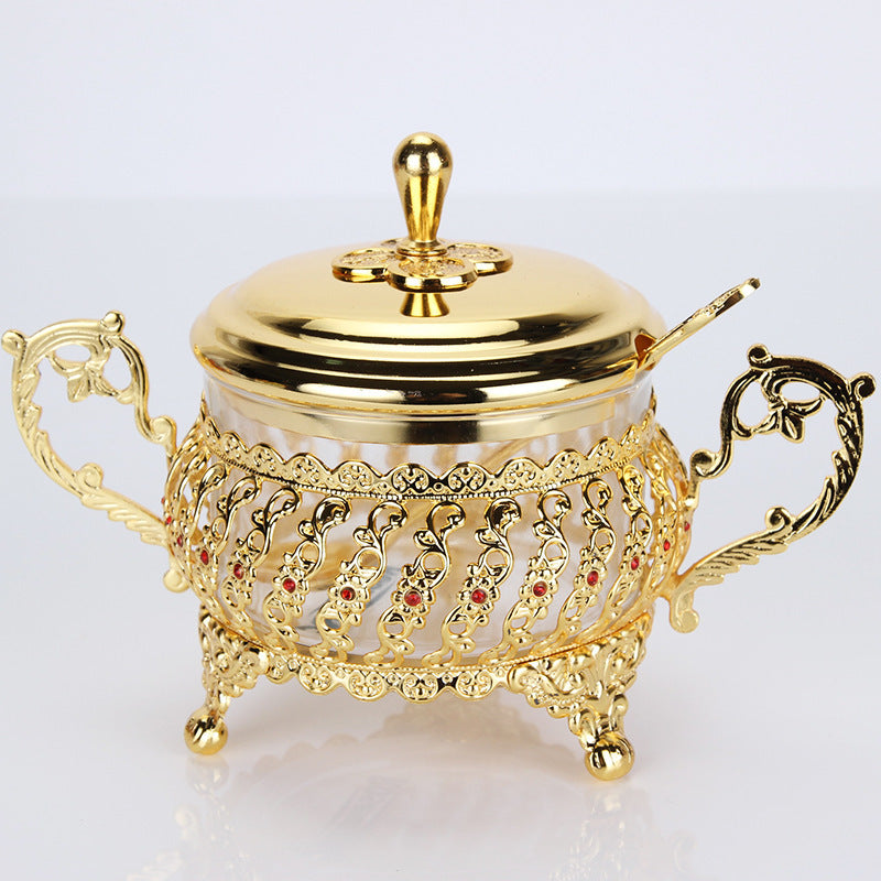 Regal and Decadent Glass and Gold Alloy Sugar, Seasoning, and Condiment Container