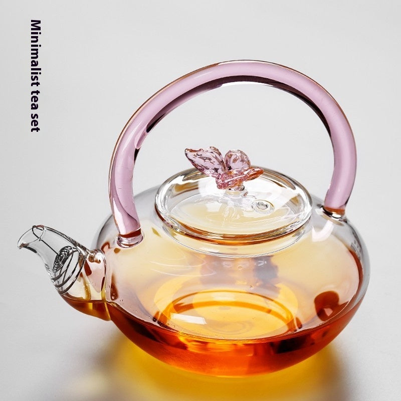 Handmade Gemstone Butterfly Glass Teapot - Borosilicate Glass Teapot with Double-Colour Glazed Handle