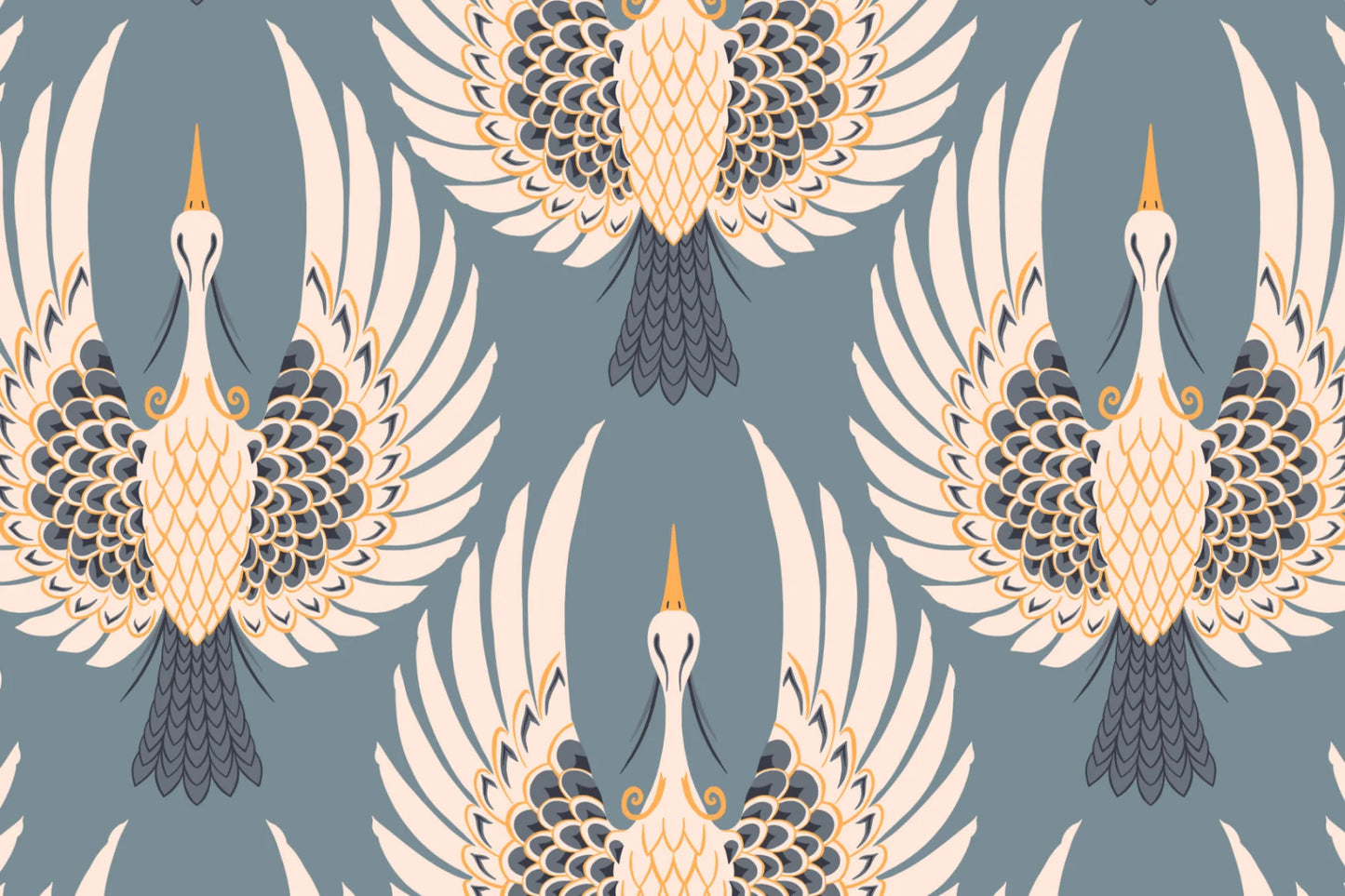 Green Art Deco Crane Repeat Pattern Wallpaper Premium Quality Wallpaper Roll - 10m x 50.03cm