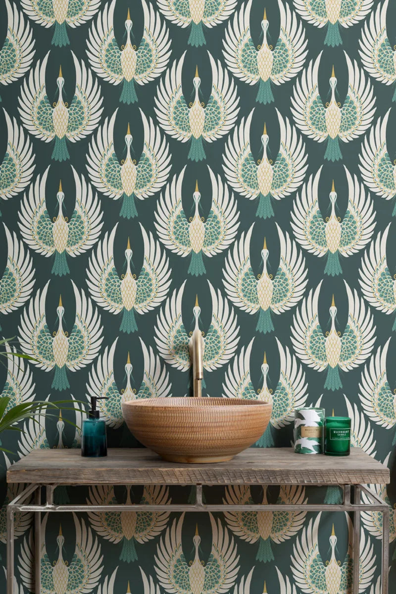 Green Art Deco Crane Repeat Pattern Wallpaper Premium Quality Wallpaper Roll - 10m x 50.03cm