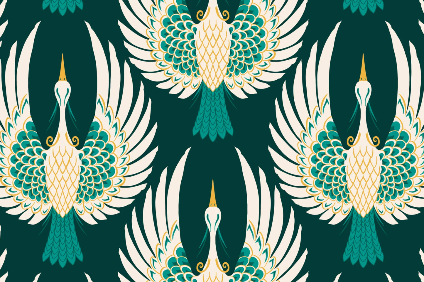 Green Art Deco Crane Repeat Pattern Wallpaper Premium Quality Wallpaper Roll - 10m x 50.03cm