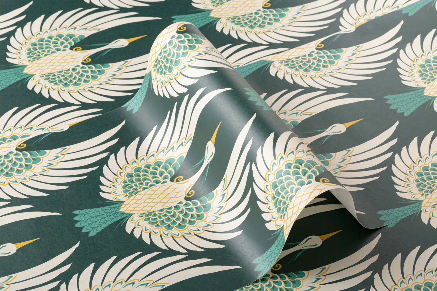 Green Art Deco Crane Repeat Pattern Wallpaper Premium Quality Wallpaper Roll - 10m x 50.03cm