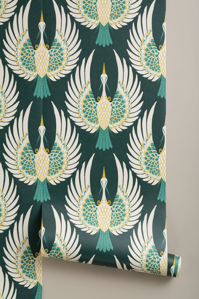 Green Art Deco Crane Repeat Pattern Wallpaper Premium Quality Wallpaper Roll - 10m x 50.03cm