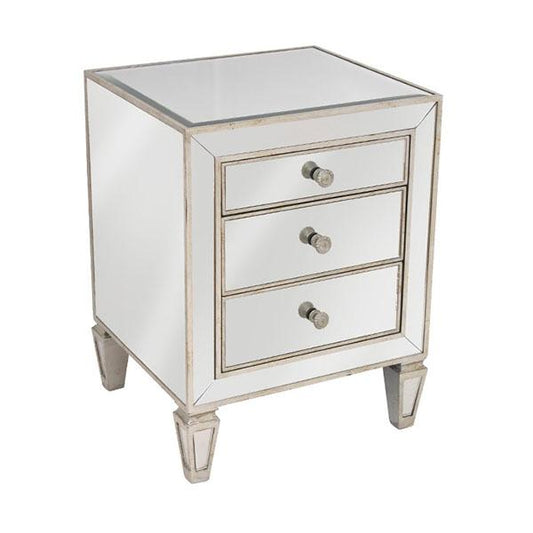 Sophisticated Mirrored 3 Drawer Bedside Antique Seamless with Antique Gold Leaf Trim.