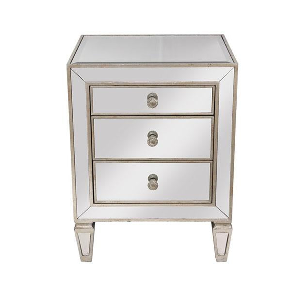 Sophisticated Mirrored 3 Drawer Bedside Antique Seamless with Antique Gold Leaf Trim.