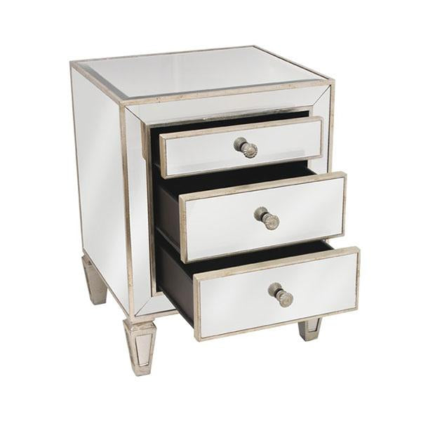 Sophisticated Mirrored 3 Drawer Bedside Antique Seamless with Antique Gold Leaf Trim.