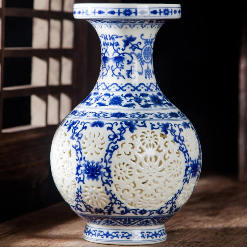 Jingdezhen Pink Blue and White Porcelain Hollow Small Vase Crafts, Living Room Flower Arrangement, Bo Gu Shelf Decoration