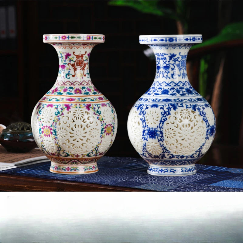 Jingdezhen Pink Blue and White Porcelain Hollow Small Vase Crafts, Living Room Flower Arrangement, Bo Gu Shelf Decoration