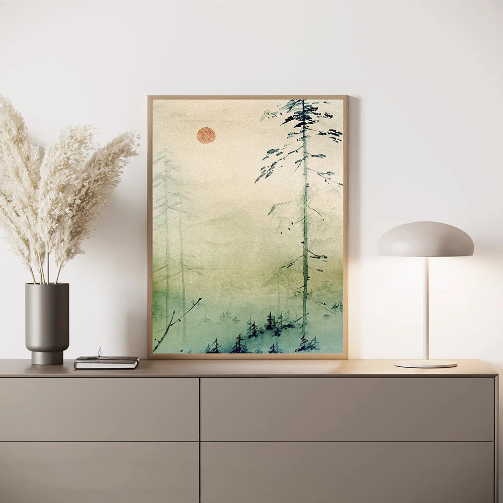 Landscape Wall Art Watercolour Poster Green Bamboo Picture Nature Print Japanese East Canvas Painting Modern Living Room Decor