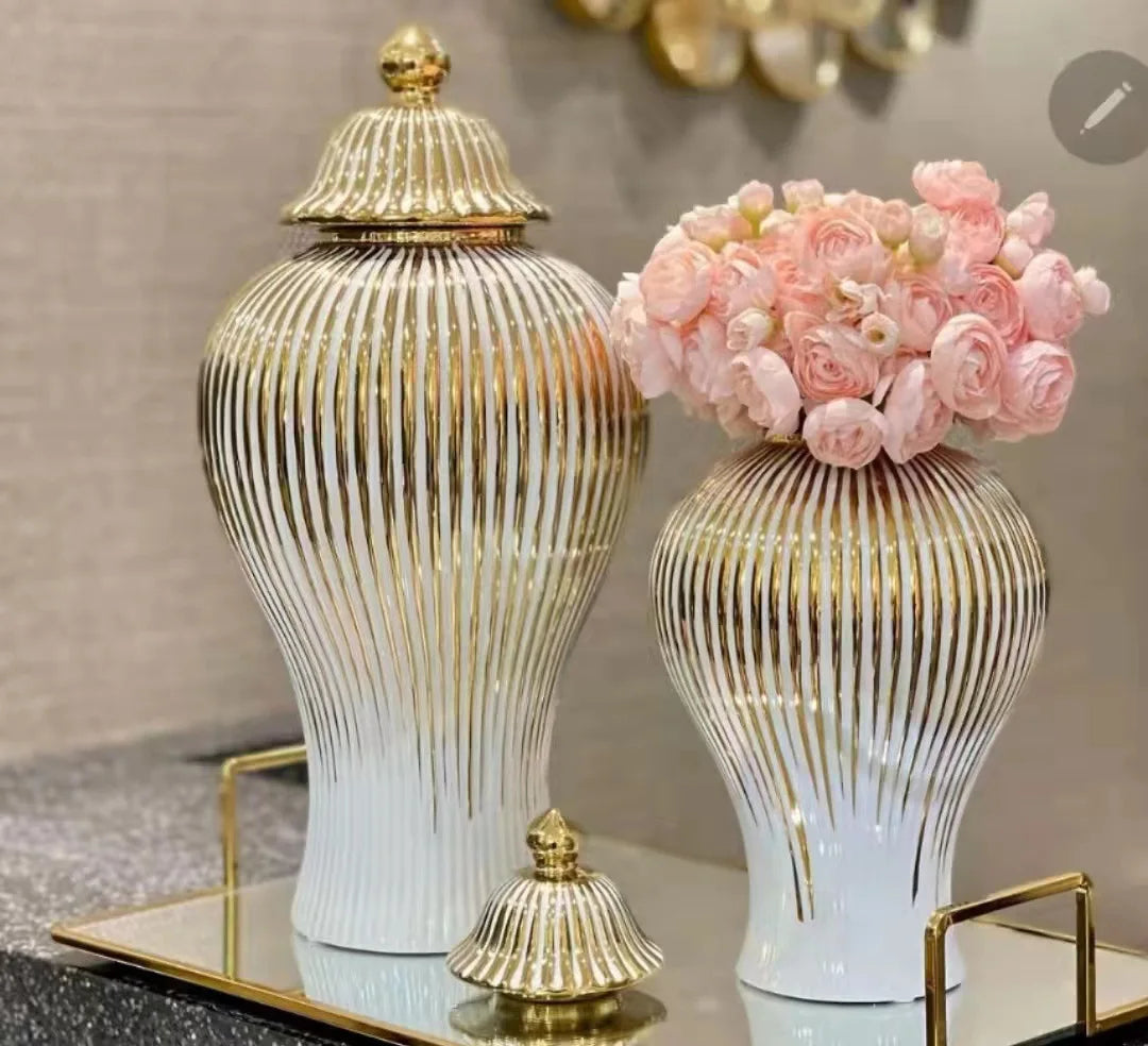 Gold Striped Ceramic Pot General Bottle Ginger Jar Hand-made Ceramic Bottle Porcelain Artifact Vase Storage Tank Home Decoration