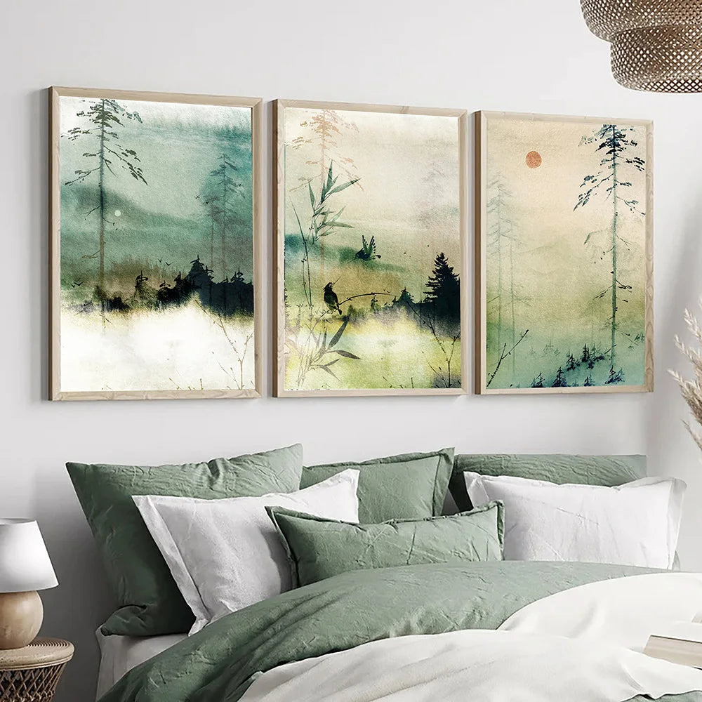 Landscape Wall Art Watercolour Poster Green Bamboo Picture Nature Print Japanese East Canvas Painting Modern Living Room Decor