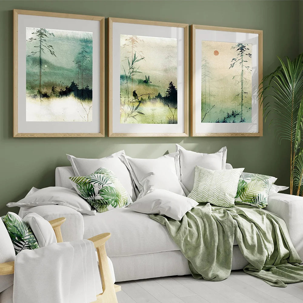 Landscape Wall Art Watercolour Poster Green Bamboo Picture Nature Print Japanese East Canvas Painting Modern Living Room Decor