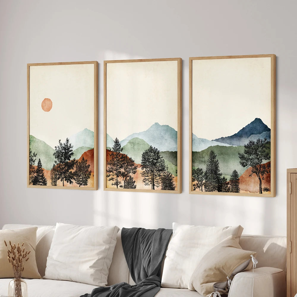 Abstract Nature Watercolour Landscape Mountain Sun Wall Art Canvas Painting Nordic Poster Print Wall Picture Living Room Decor