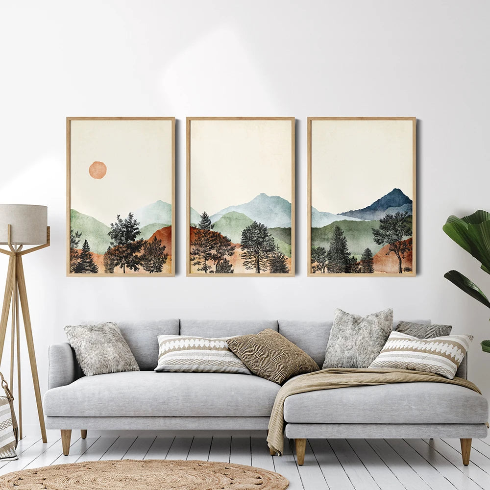 Abstract Nature Watercolour Landscape Mountain Sun Wall Art Canvas Painting Nordic Poster Print Wall Picture Living Room Decor