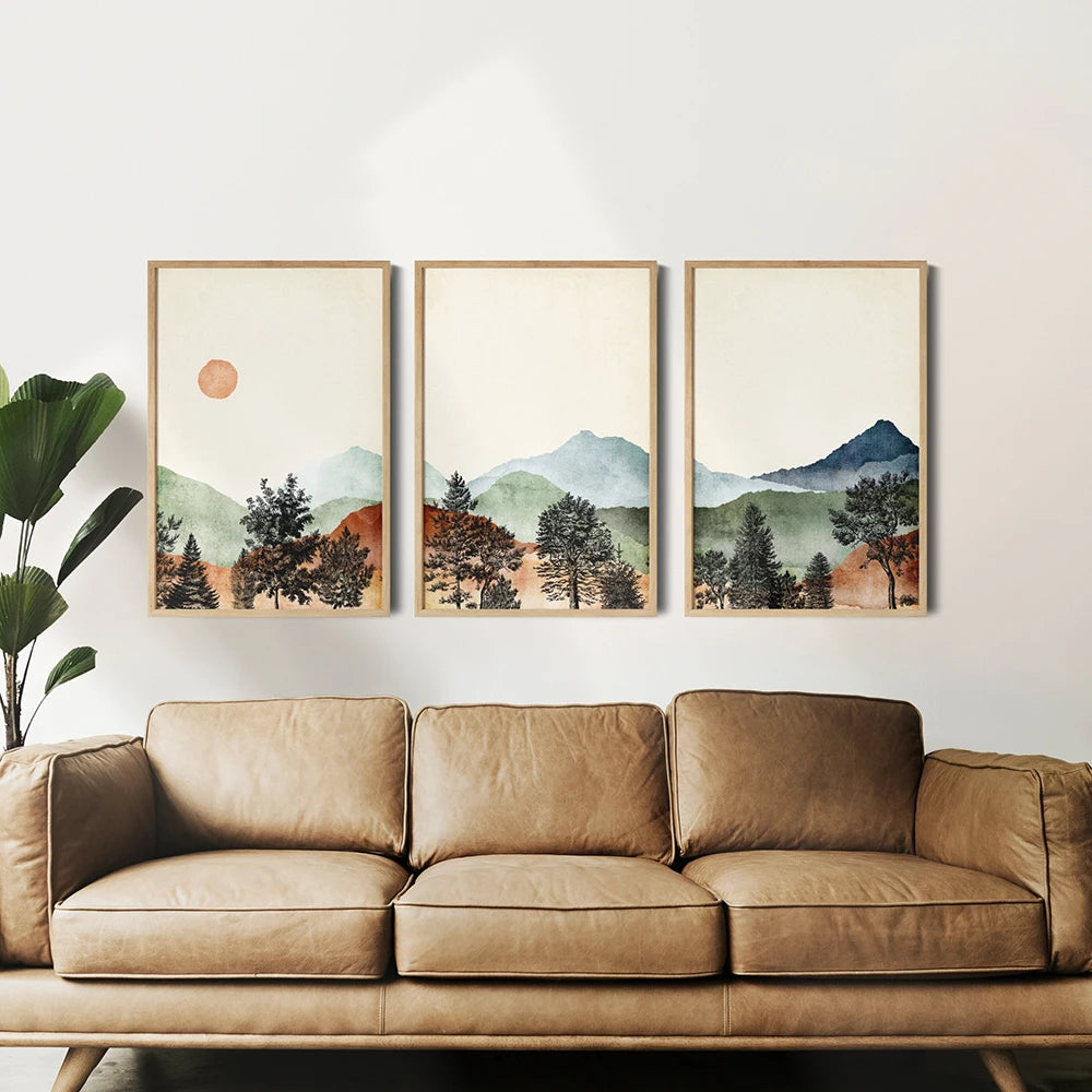 Abstract Nature Watercolour Landscape Mountain Sun Wall Art Canvas Painting Nordic Poster Print Wall Picture Living Room Decor