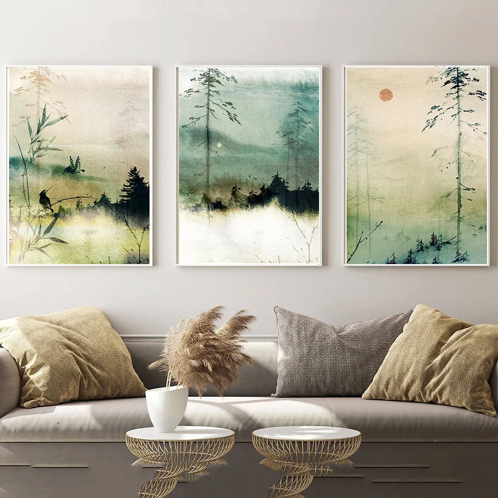 Landscape Wall Art Watercolour Poster Green Bamboo Picture Nature Print Japanese East Canvas Painting Modern Living Room Decor