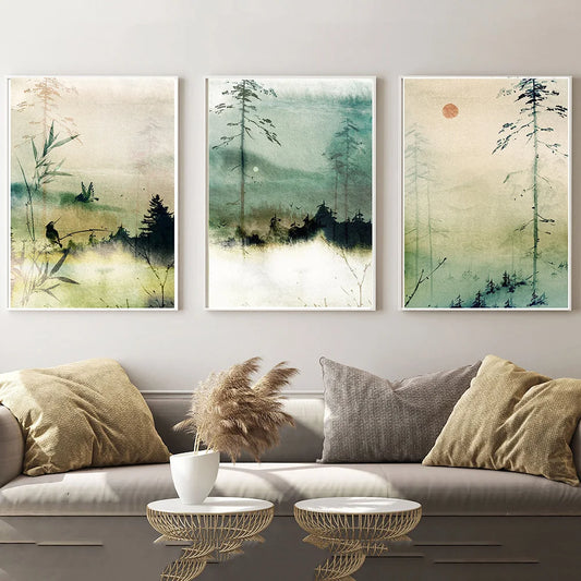 Landschaft Wandkunst Aquarell Poster Grüner Bambus Bild Natur Druck Japanischer Osten Leinwand Malerei Moderne Wohnzimmer Dekor