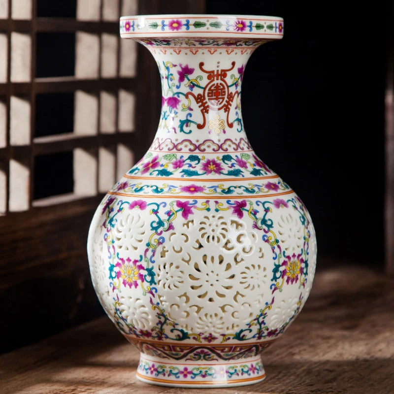 Jingdezhen Pink Blue and White Porcelain Hollow Small Vase Crafts, Living Room Flower Arrangement, Bo Gu Shelf Decoration