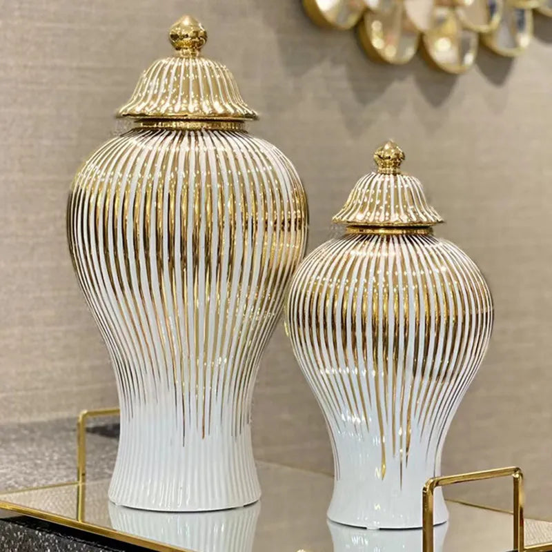 Gold Striped Ceramic Pot General Bottle Ginger Jar Hand-made Ceramic Bottle Porcelain Artifact Vase Storage Tank Home Decoration