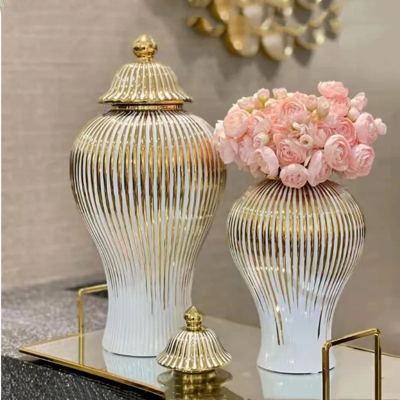 Gold Striped Ceramic Pot General Bottle Ginger Jar Hand-made Ceramic Bottle Porcelain Artifact Vase Storage Tank Home Decoration